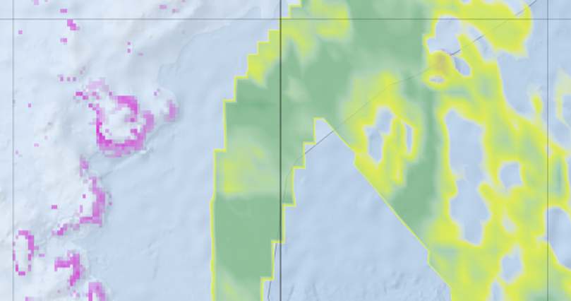 Environmental prediction model map of a seabed area, showing predicted polymetallic nodules in yellow and green and ferromanganese crusts in pink